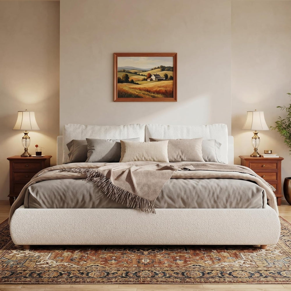 Merax King Boucle Platform Bed with 2 Removable Headboard Pillows, White
