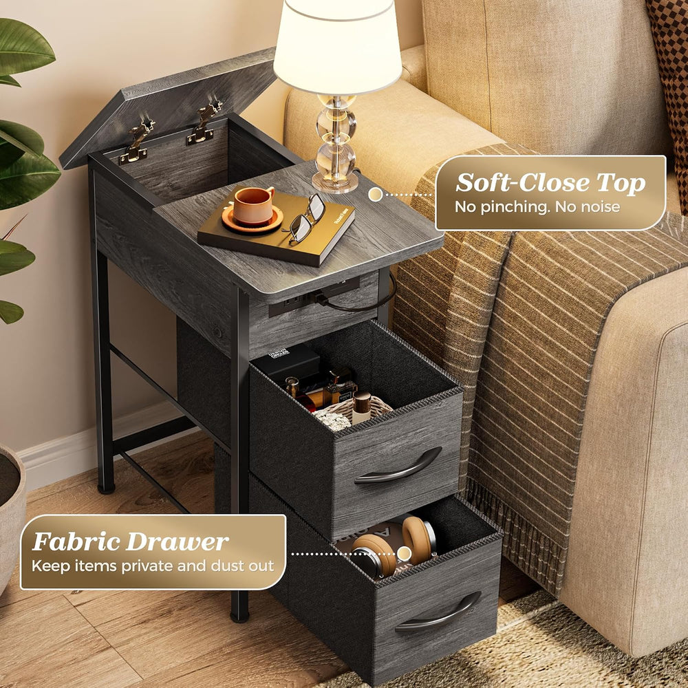 Huuger Narrow End Table with Charging Station, Flip Top Side Table with 2 Fab...