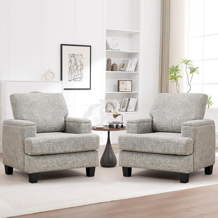Accent Chairs Set of 2 with Armrest Storage, Fabric Upholstered Reading Living Room Chairs, Modern Comfy Large Armchairs, Sofa Chair for Bedroom (Light Grey)