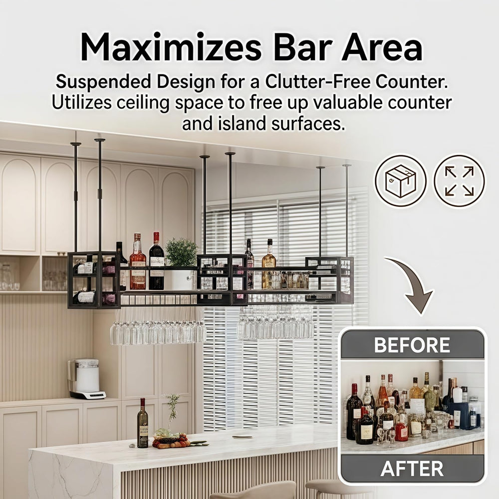 Wall &Ceiling Mounted Wine Rack (Black, 151CM/59.4IN) | Industrial Hangin...