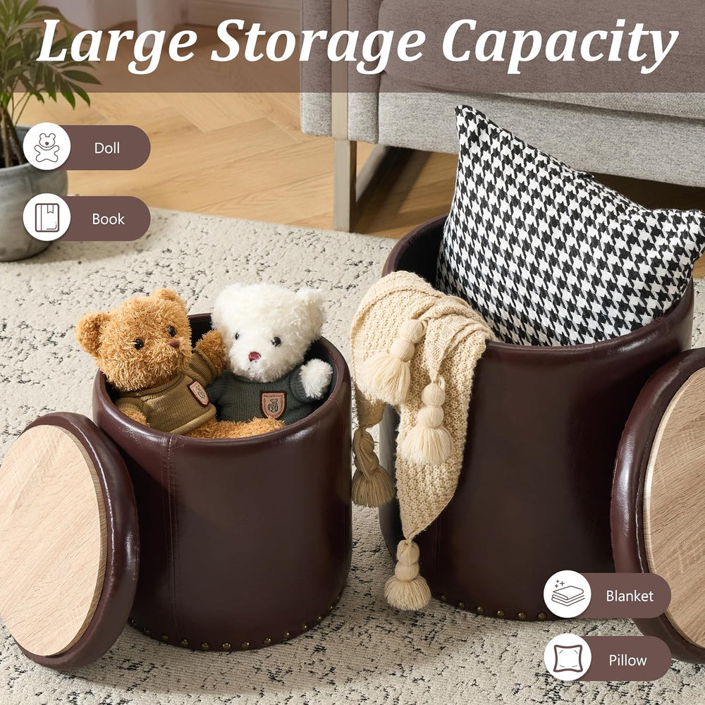 Royal Windsor Round Ottoman with Storage Set of 2, Faux Leather Button Tufted...