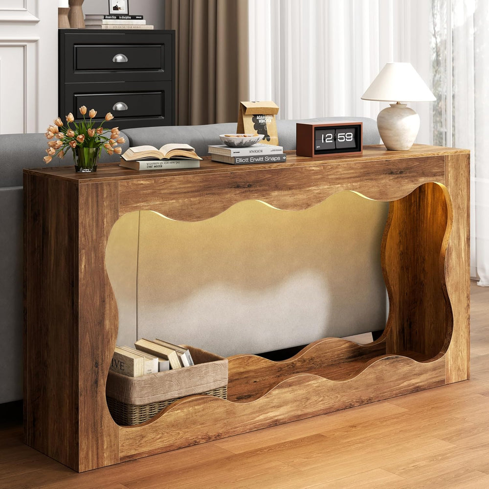 Vongrasig 63-Inch Farmhouse Entryway Table with Light Strips, Scalloped Conso...