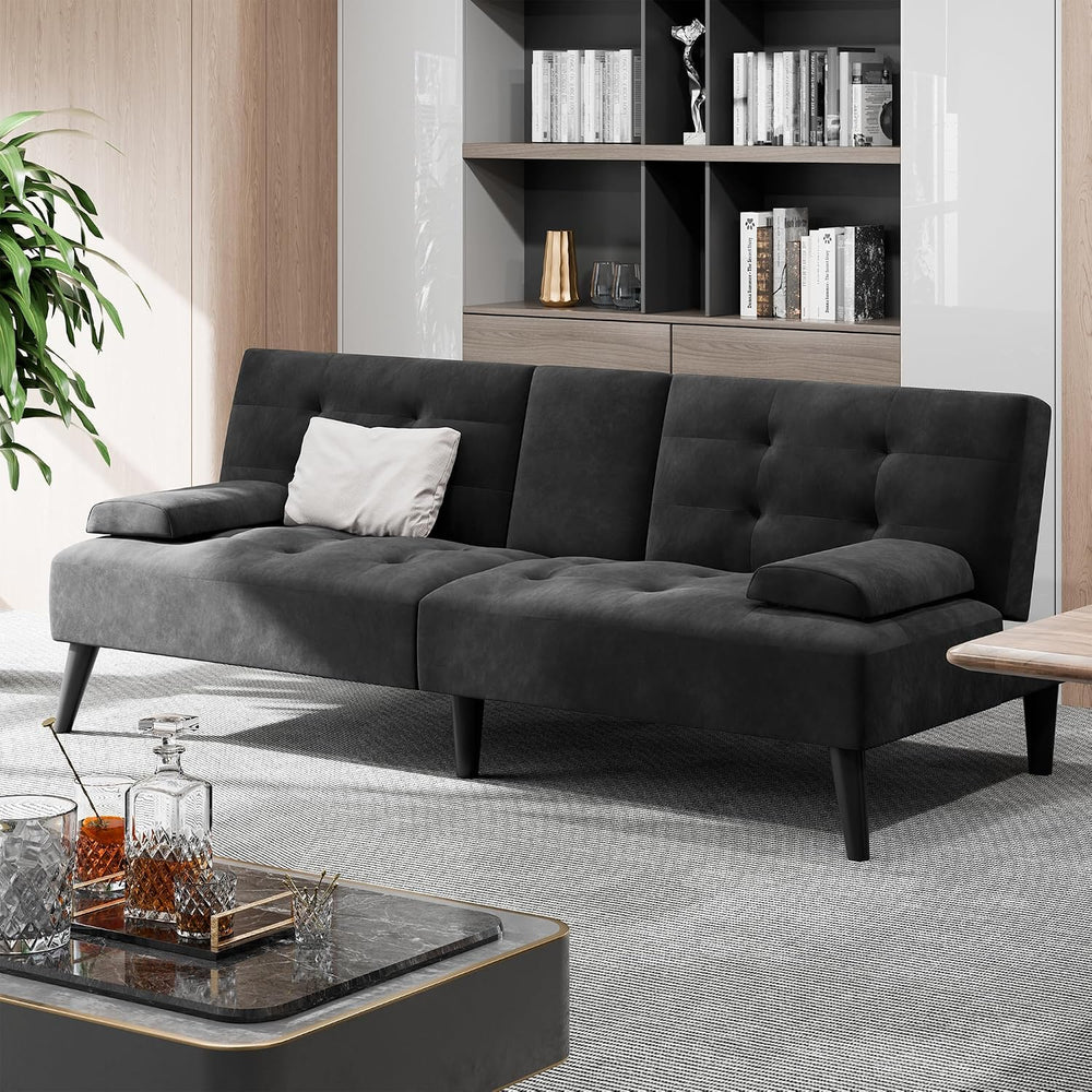 Shintenchi 64" Futon Sofa Bed, Velvet Foldable Couch, Upholstered Lovese...
