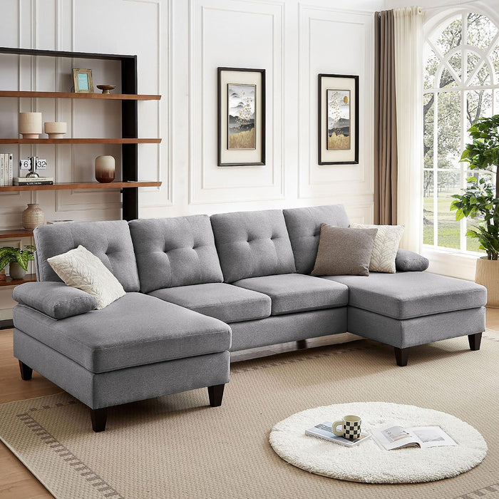 Sectional Couches for Living Room, Modern Linen Fibre U Shaped Sofa Couch with Double Chaise, Upholstered 4 Seater Sofa for Living Room, Apartment, Office, Light Grey
