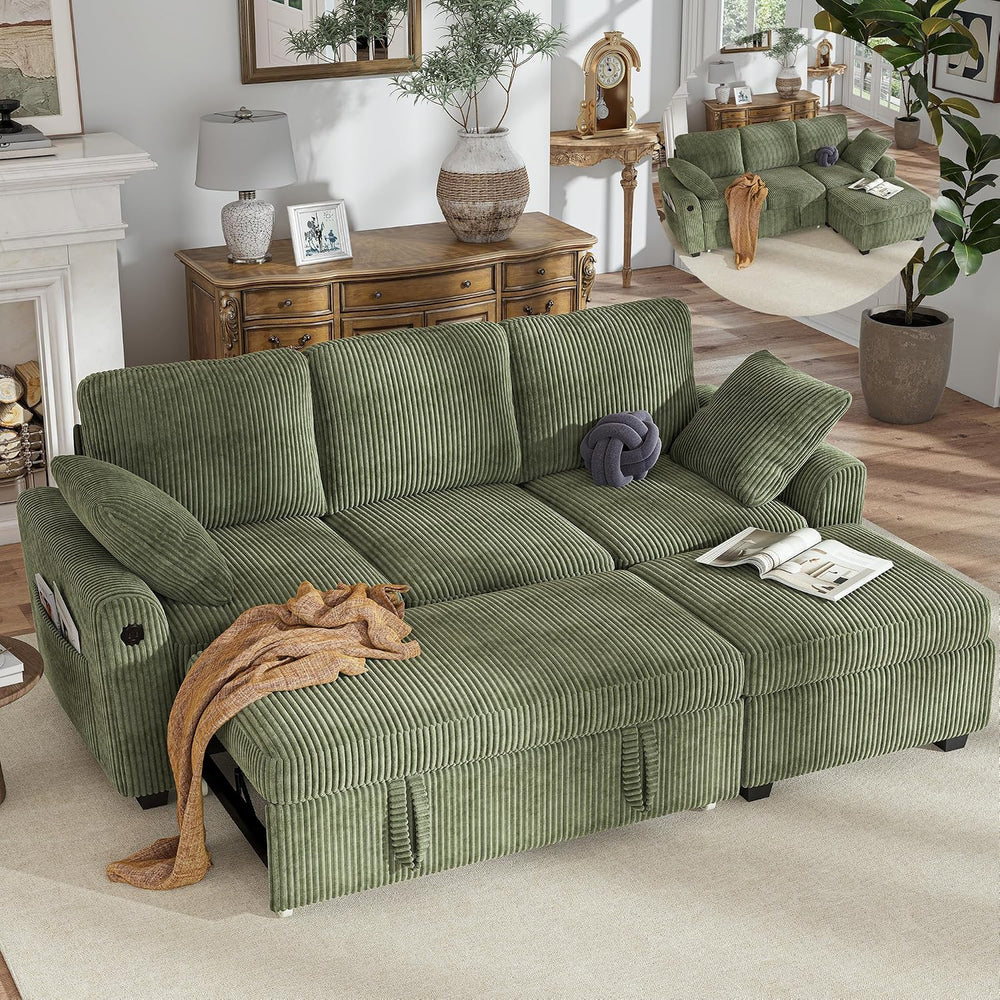 Hanherry 81" Sectional Couch with Pull Out Bed,3 Seat Corduroy Sleeper S...