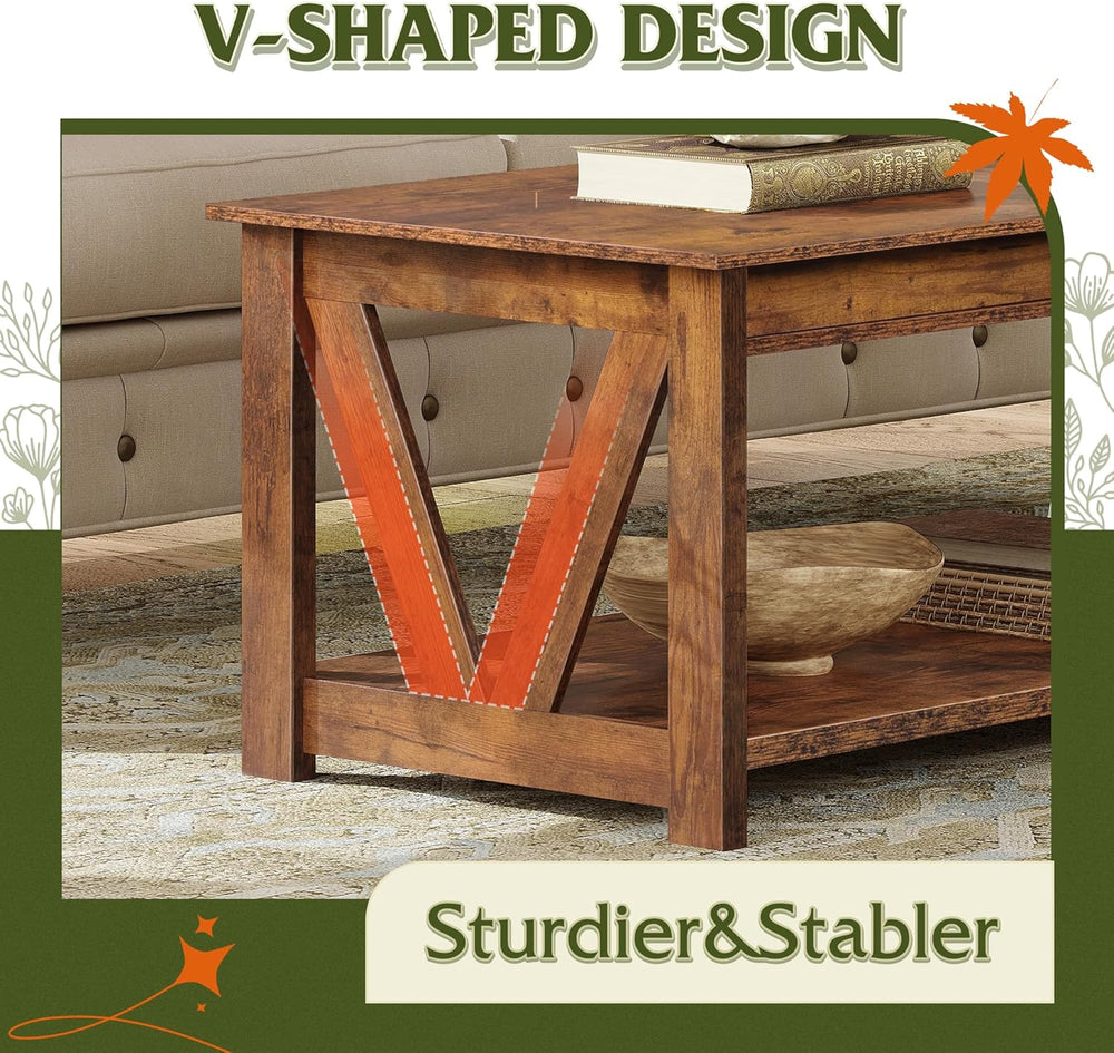 WLIVE Coffee Table, 43.3 Inch Farmhouse Table with Storage, Rustic Brown