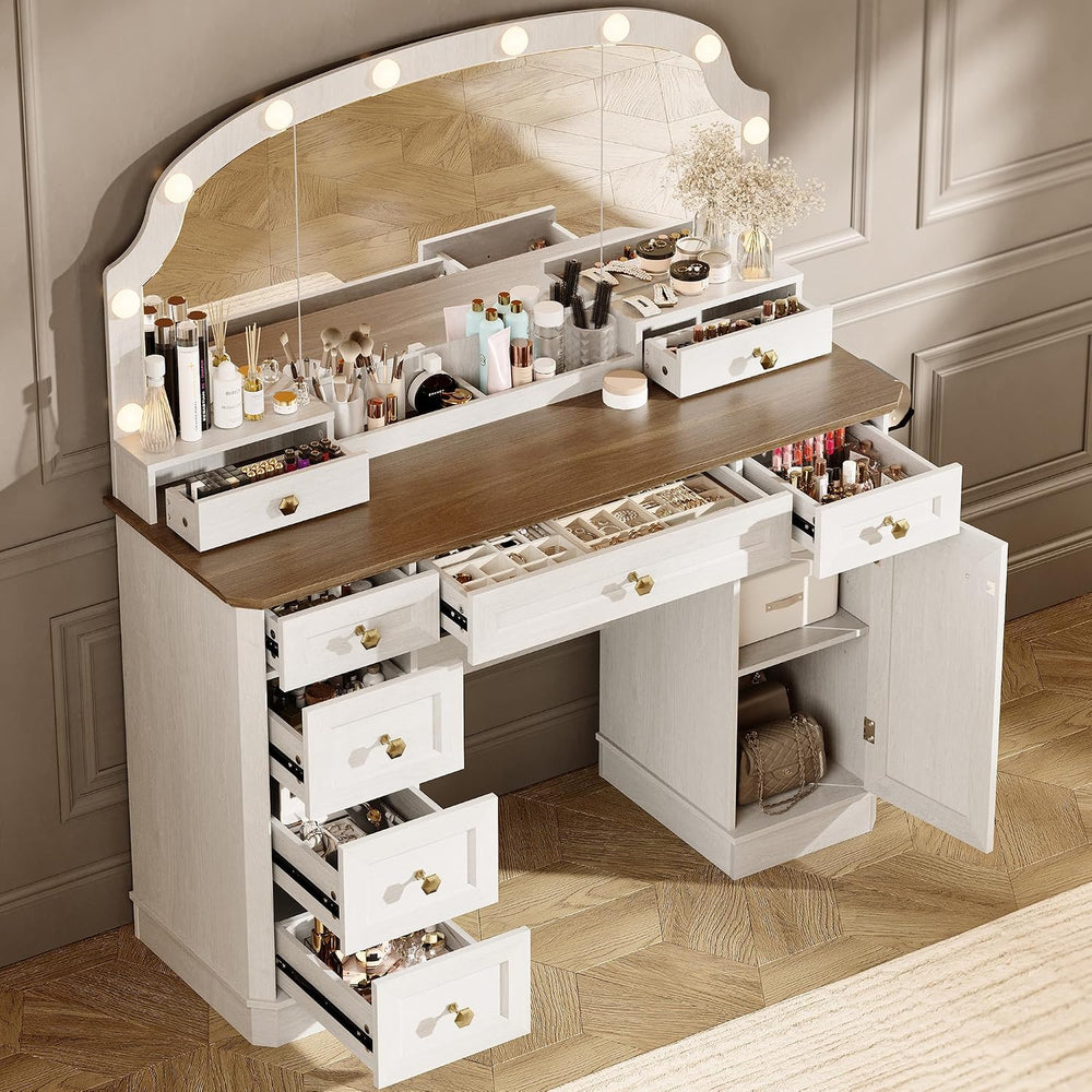 Farmhouse Makeup Vanity Desk with Mirror and Lights, 47'' Vanity Tabl...
