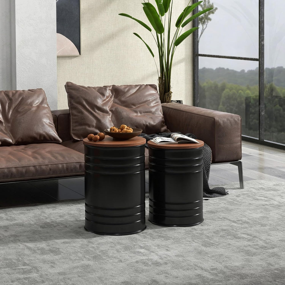 HOMCOM Nesting End Table Set of 2 with Round Storage Ottoman Stool Black | Re...