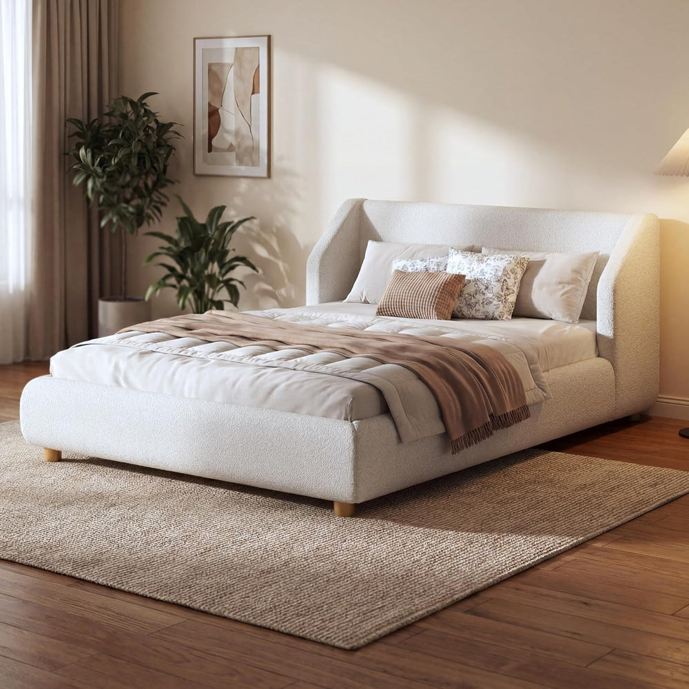 Queen Bed Frame,Extra-Wide Wingback Headboard,Boucle Fabric,White