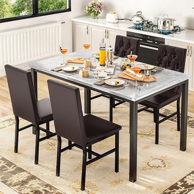 Hooseng Dining Table Set for 4, Faux Marble Small Kitchen Table Chairs Set of 4 with Luxurious Button Tufted Dinner Chairs for Kitchen and Dining(Brown)