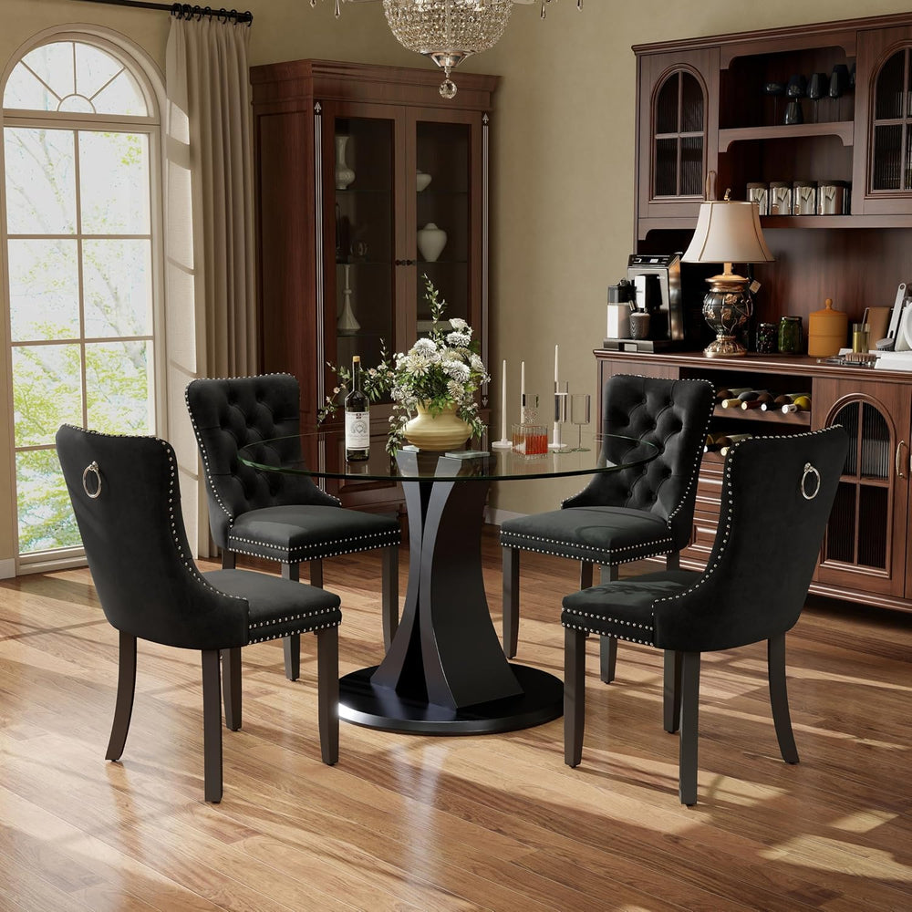 5-Piece Dining Table Set with 39In Tempered Glass Table and 4 Velvet Upholste...