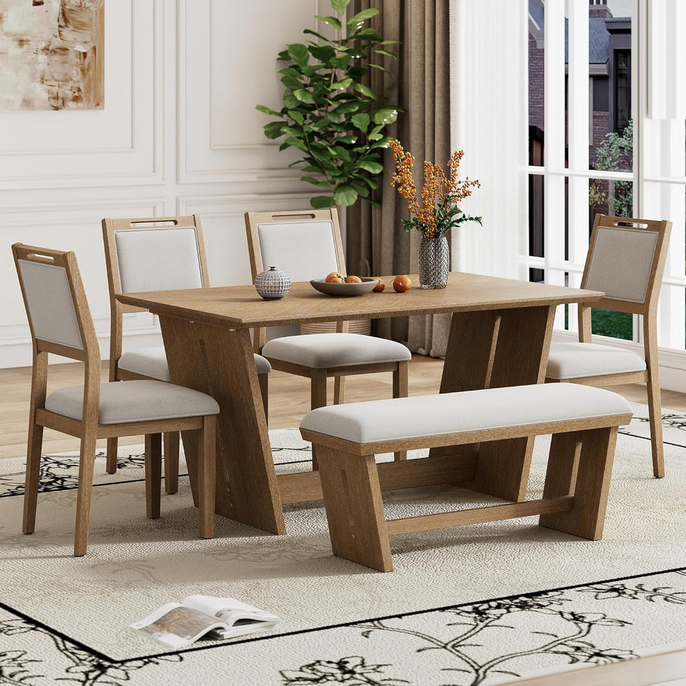 Merax 6-Piece Retro Dining Set, 1 Rectangular Table with Stable Trapezoidal T...