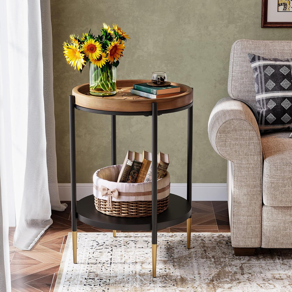Tribesigns Round Side Table, 2-Tier End Table with Solid Wood and Metal, Indu...