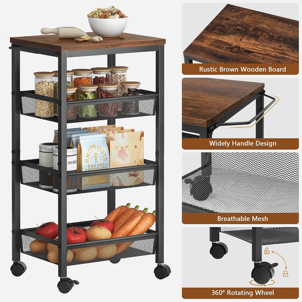 Hoctieon Rolling Storage Cart, 4-Tier 11.8" Wide Panel Kitchen Storage C...