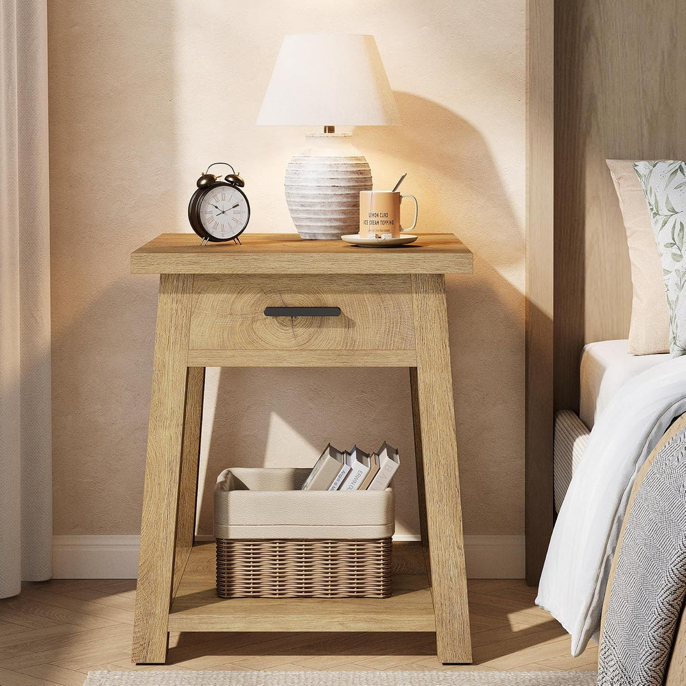 Tribesigns Farmhouse Square Side Table, 2 -Tier Wooden End Table with Drawer,...