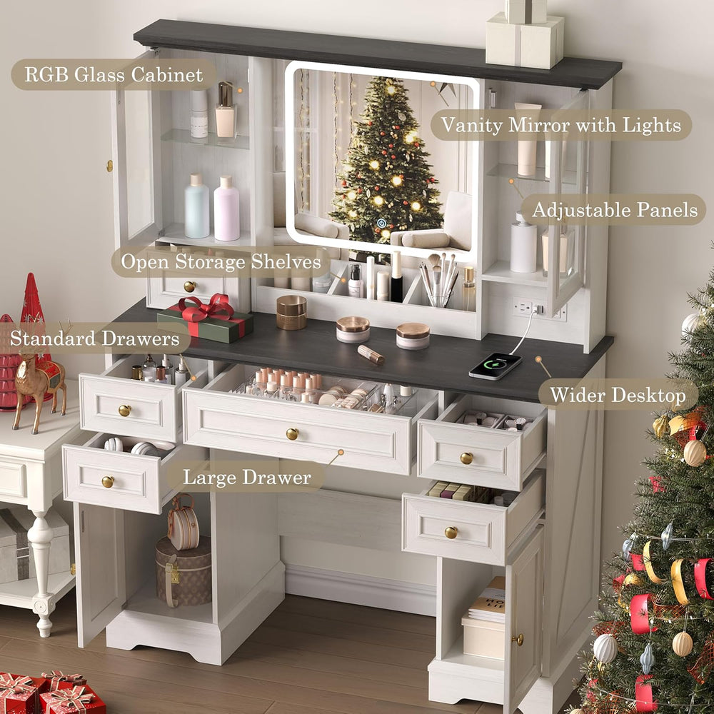 HUANLEGO Farmhouse Makeup Vanity Desk with Mirror and LED Lights, White | Van...