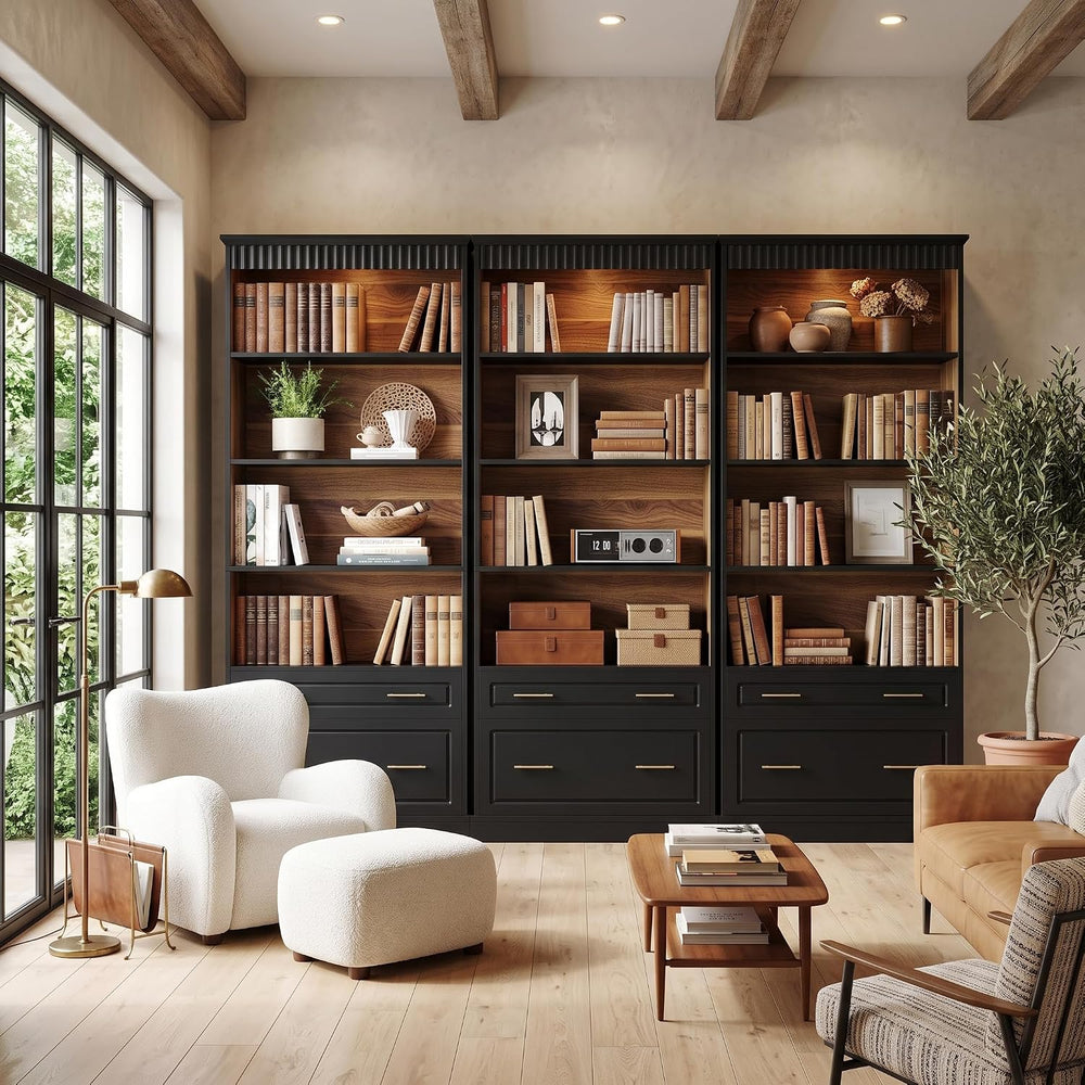 LITTLE TREE 72" Tall Black Bookcase with 2 Drawers, 5-Tier Bookshelf wit...