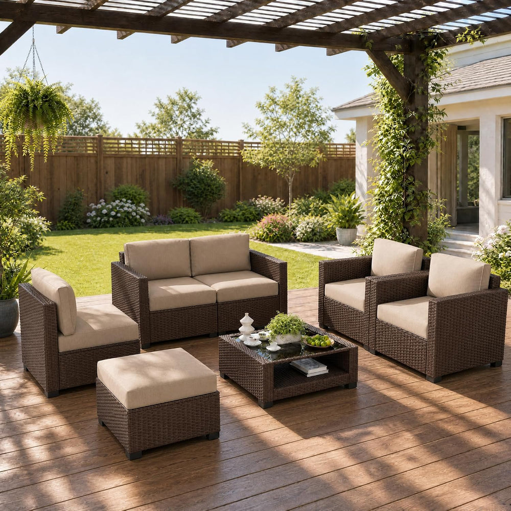 LOUVIXA 7 Piece Outdoor Patio Furniture Set, Rattan Chairs Glass Table Wicker...