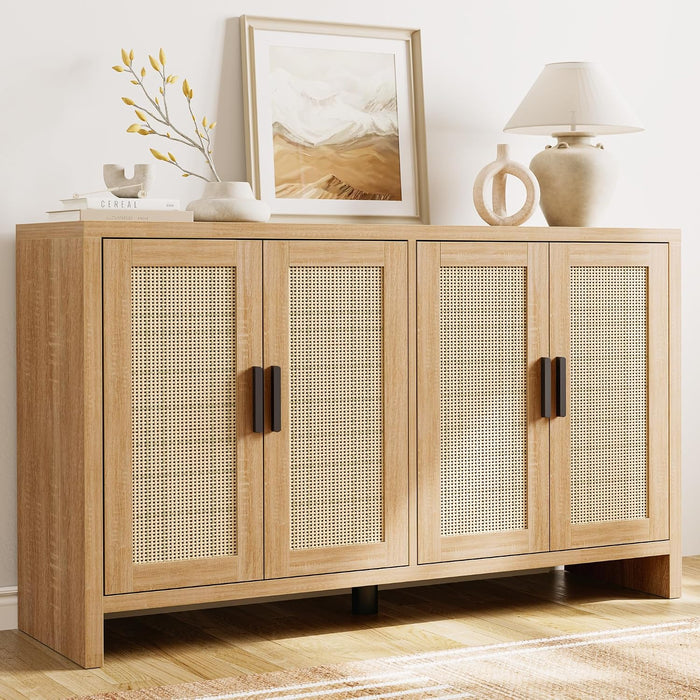 Rattan Buffet Cabinet with Storage, Sideboard Cabinet with Doors and Adjustable Shelves, Farmhouse Coffee Bar Station Table, Modern Wood Cupboard for Kitchen, Livingroom and Dining Room