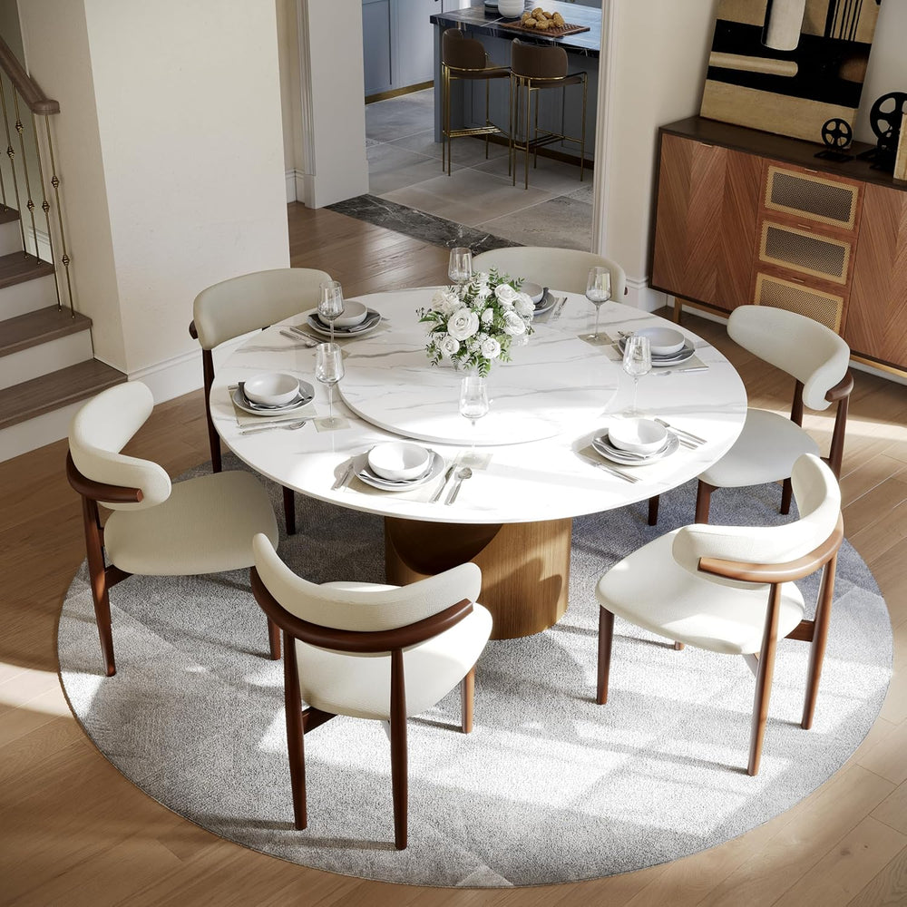 POVISON 59" Round Dining Table for 6 with Lazy Susan, Glossy White Sinte...