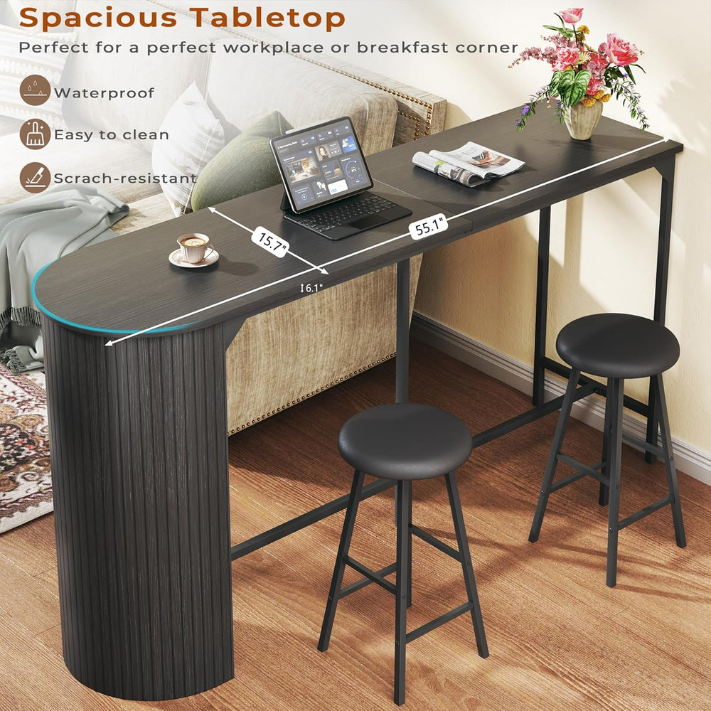 Fluted Bar Table and Chairs Set, 55'' Long Bar Tables with 2 Stools, ...