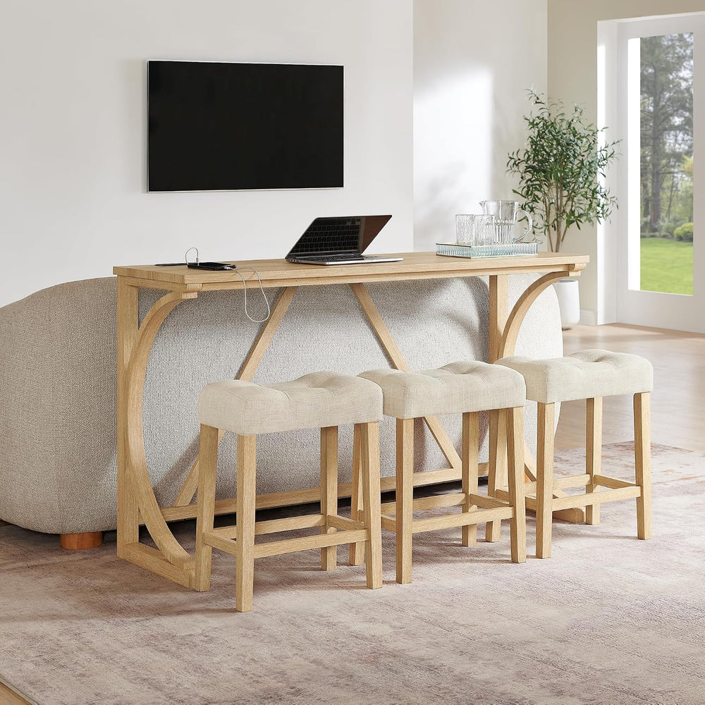 Merax 59 Inch Industrial Bar Table Set with Power Outlet, 3 Linen Upholstered...