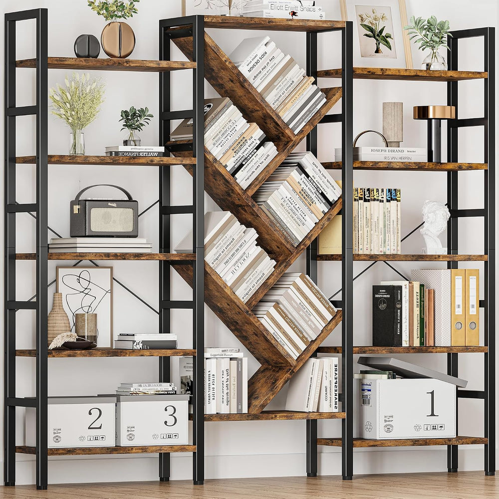 INNOD 70x70 Triple 5 Tier Book Shelf, Large Wooden Bookcase with 17 Open Disp...
