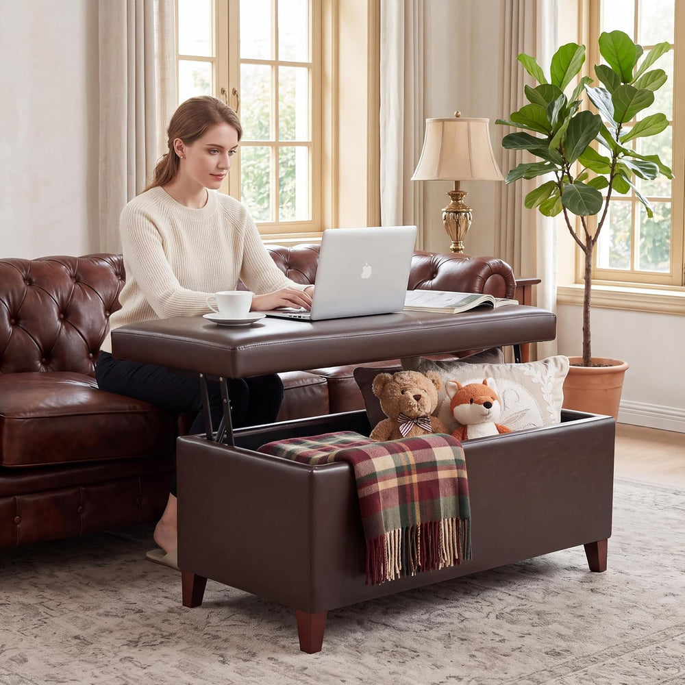 Homebeez 42" Storage Ottoman Bench, Lift Top Faux Leather Coffee Table