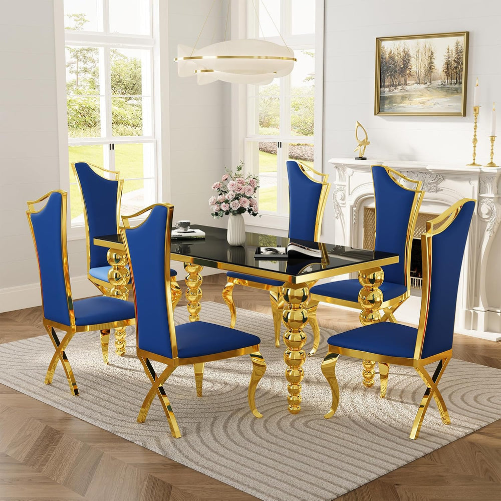 Dining Room Table Set for 6, 70 Inch Elegant Black Glass Kitchen Tabletop wit...