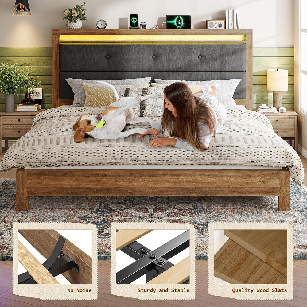 EnHomee King Size Bed Frame with Upholstered Storage Headboard,Grey
