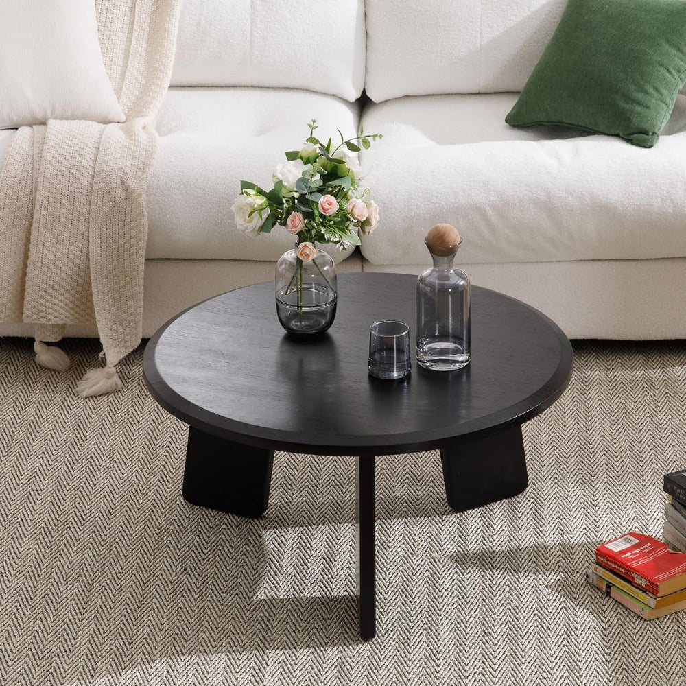 32 Inch Round Coffee Table, Solid Wood Center Table, Black