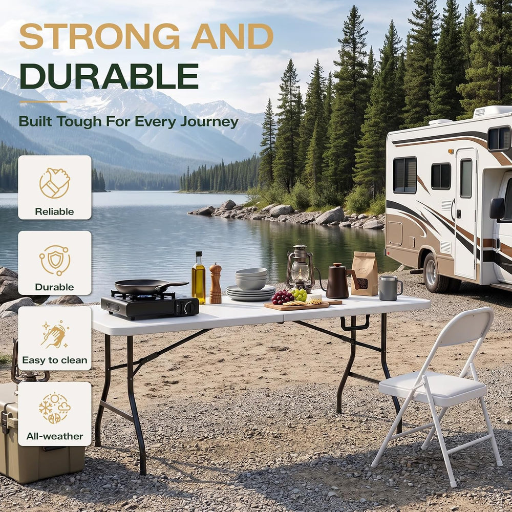 6FT Folding Table, Heavy Duty Plastic Fold-in-Half Utility Table with Handle,...