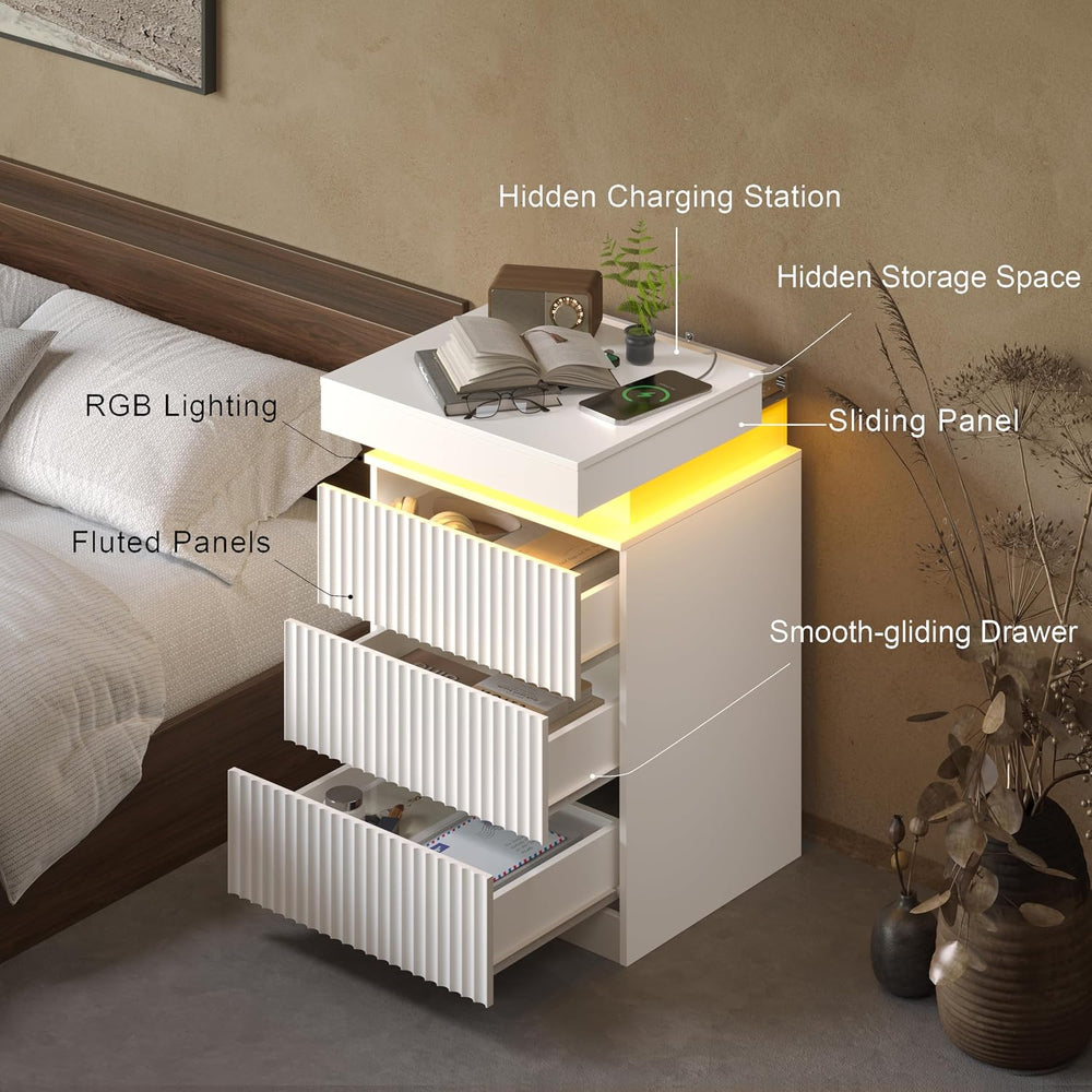 Nightstand Set of 2 for Bedroom, LED Nightstand with 3 Drawers and Charging S...
