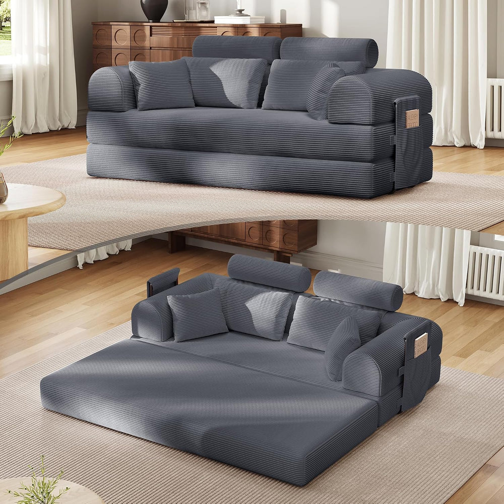 79"Round Arm Sofa with High Backrest Pillow for Living Room (Dark Gray) ...