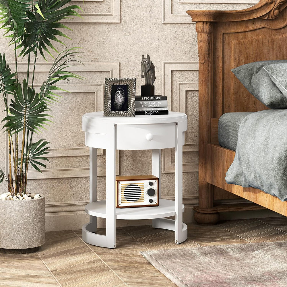 GOFLAME Round Side Table with Drawer, Retro 2-Tier Nightstand with Shelf &...