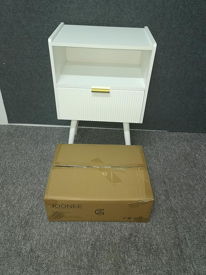White Nightstand,Modern Bedside Table with Storage Drawer and Open Wood Shelf...