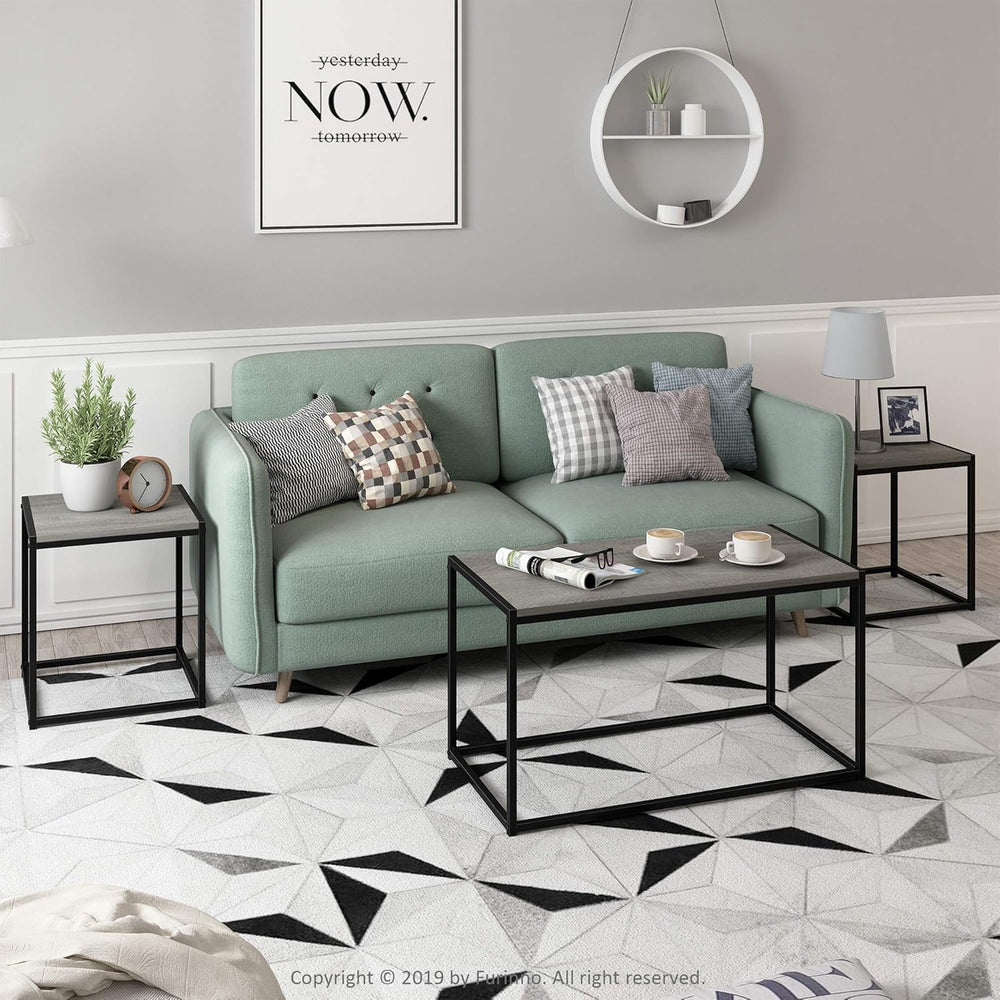 Furinno CAMNUS Metal Frame Living Room Table Set, French Oak Grey | Easy Asse...