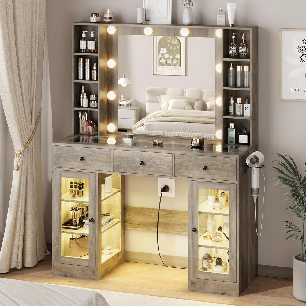 Grey Vanity Desk with Mirror and Lights, Glass Top Vanity with Lighted Mirror...