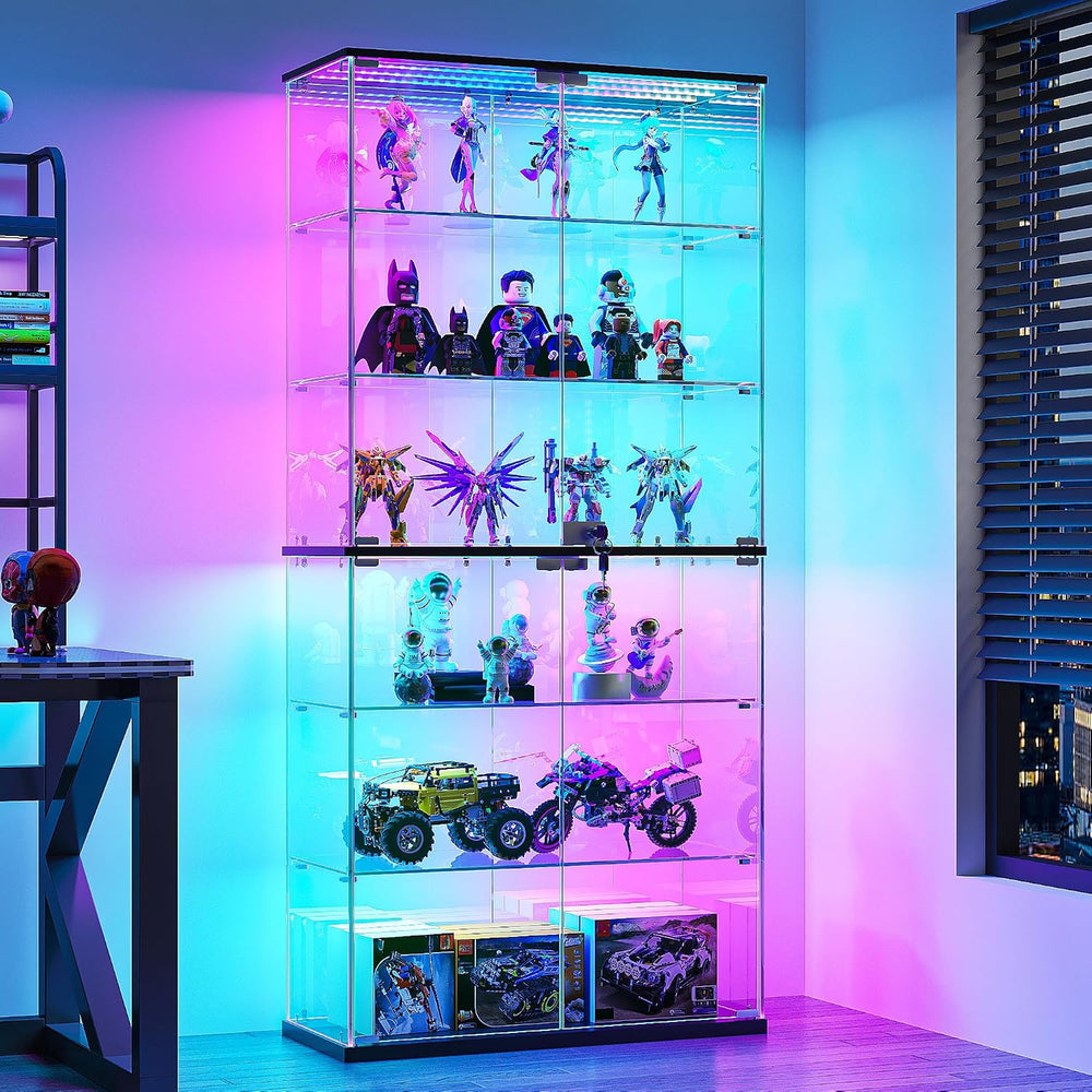 Dystler 6-Tier Glass Display Cabinet, RGB LED Lights for Collectibles