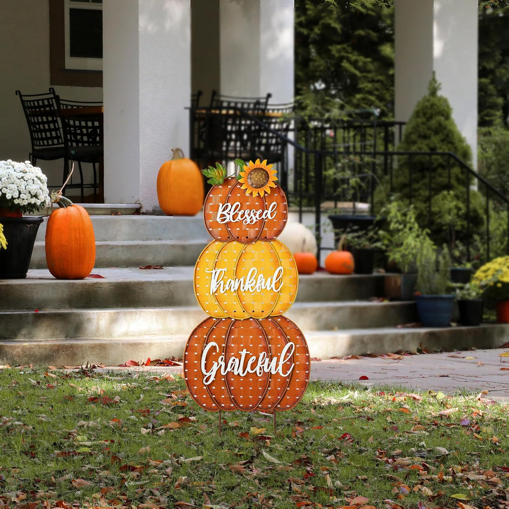Glitzhome 35.5" H Fall Stacked Pumpkins Yard Stakes,Metal Thanksgiving S...