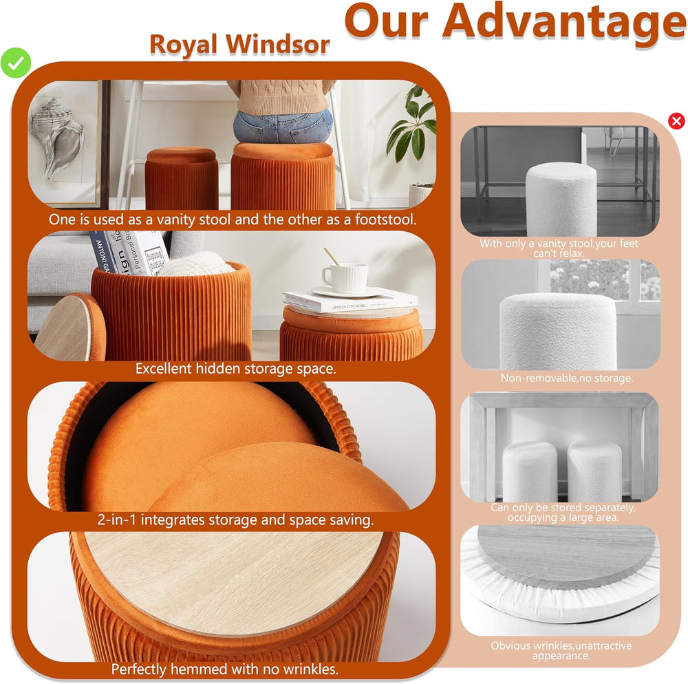 Royal Windsor Round Ottoman with Storage Set of 2, Storage Vanity Stool | Vel...