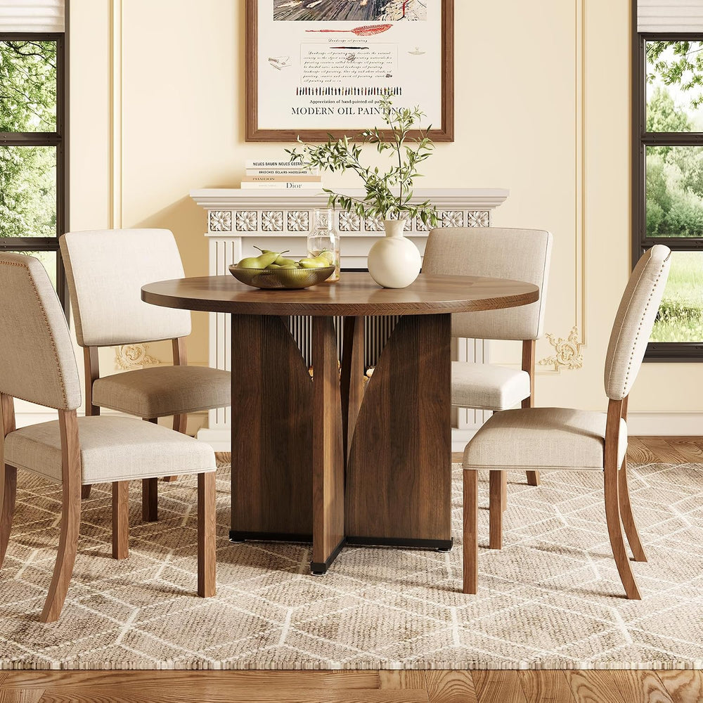 LITTLE TREE 39-Inch Round Dining Table for 4, Rustic Kitchen Table with X-Sha...