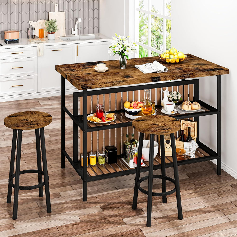 DKLGG Kitchen Island with Seating & Storage, Farmhouse Dining Table Set f...
