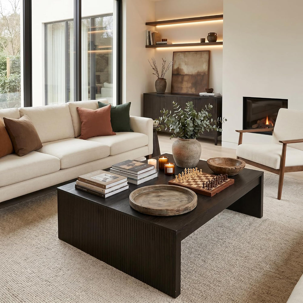 LITTLE TREE 39.4" Square Fluted Coffee Table, Mid-Century Modern Black C...