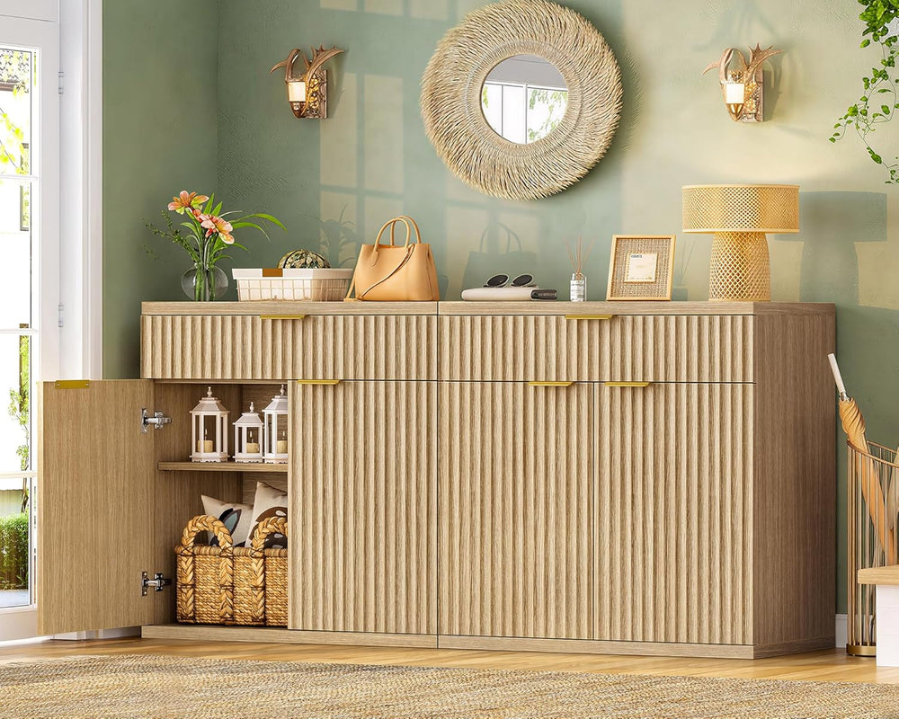 TEENFON Fluted Buffet Cabinet with Storage, 63" Sideboard Cabinet, Coffe...