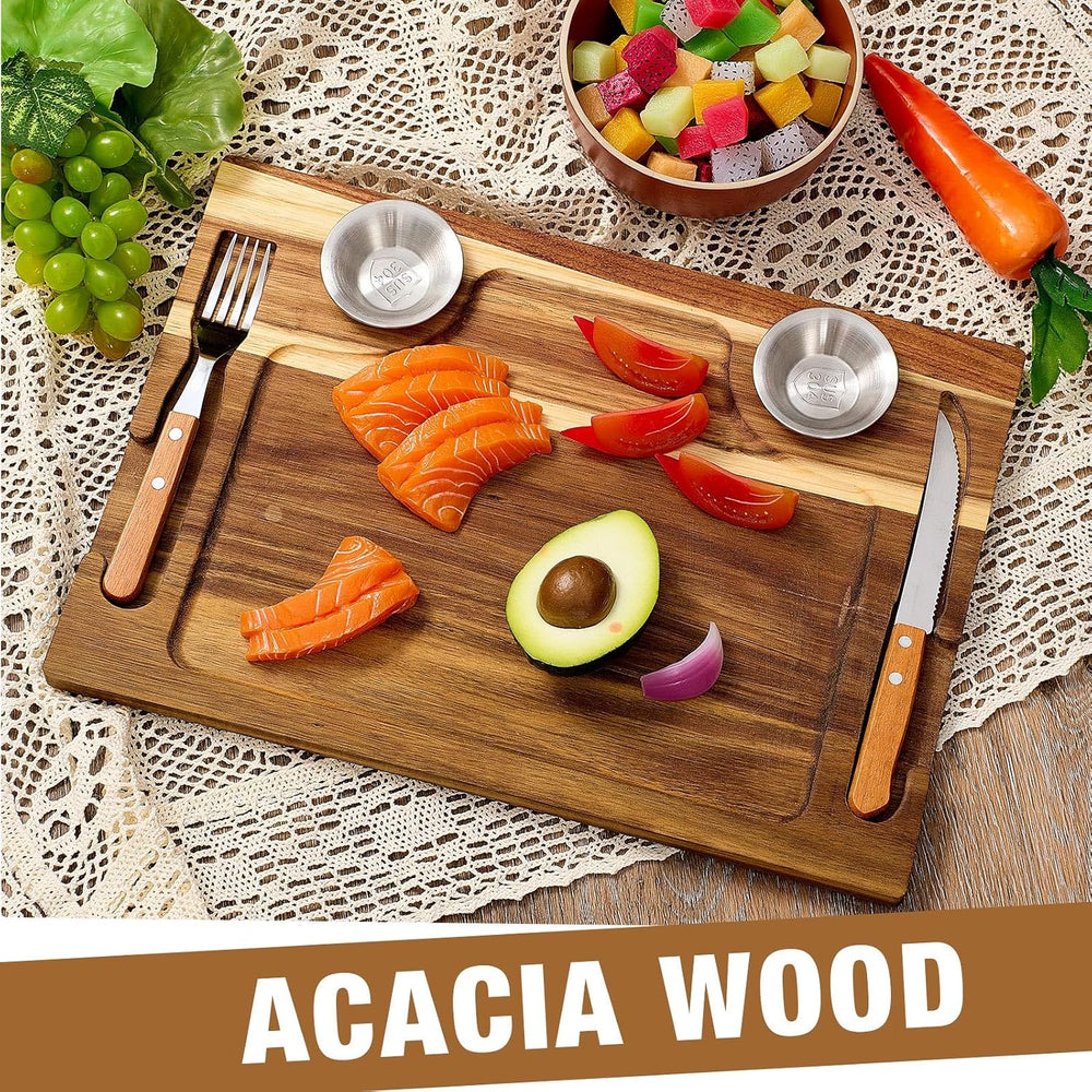 2 Set Acacia Wooden Steak Cutting Board with Fork, Knife and Sauce Cups