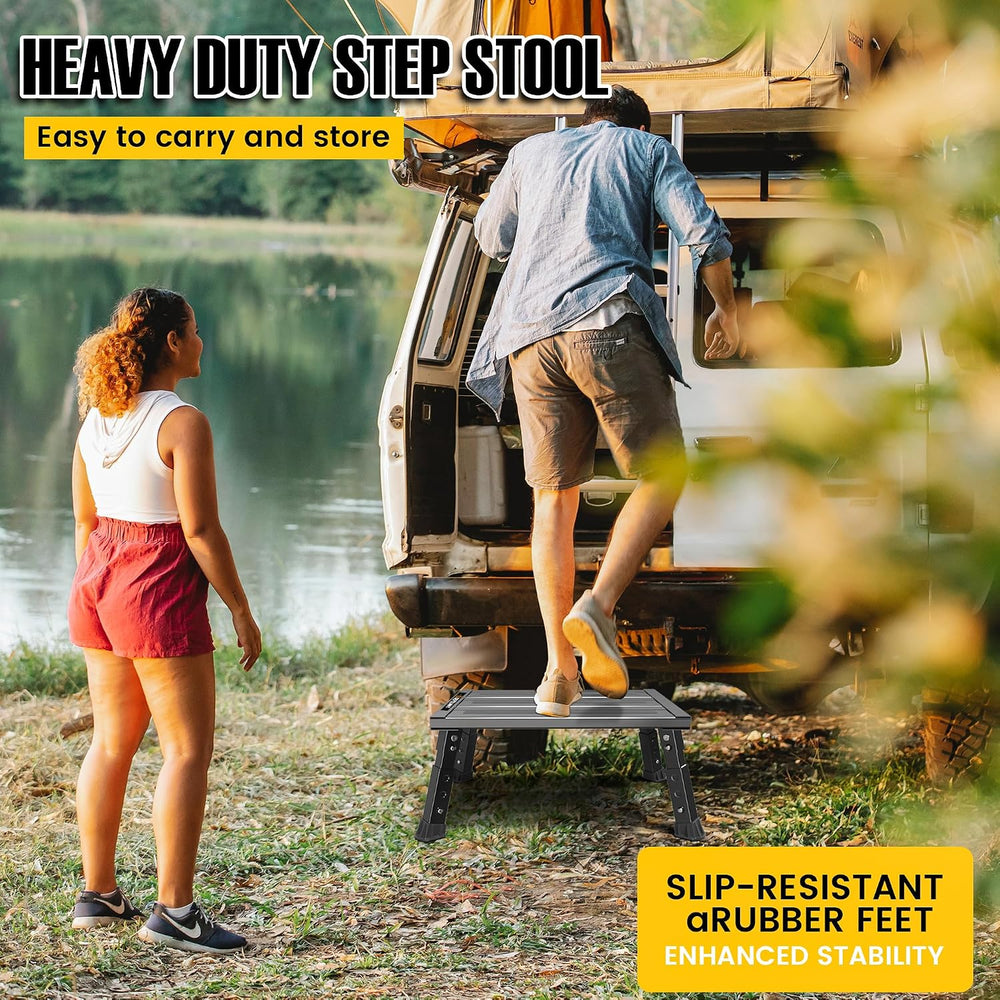 Adjustable RV Step Stool, Wide Platform, Foldable Legs, Black