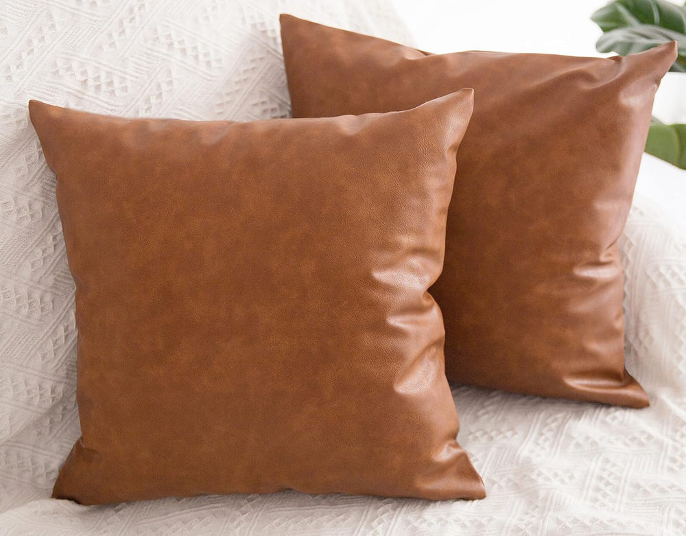Faux Leather Throw Pillow Covers 22x22 inch, Set of 2 Thick Cognac Brown Mode...