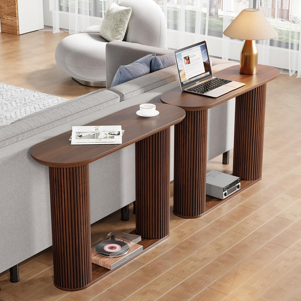 AVZEAR Fluted Entryway Console Table with Storage Shelf, Oval Curved Mid Cent...
