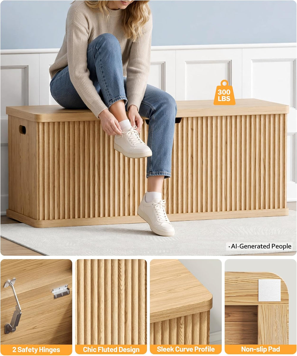 Akxomel 45.3" Fluted Storage Chest Wooden Storage Trunk 2 Safety Hinges ...